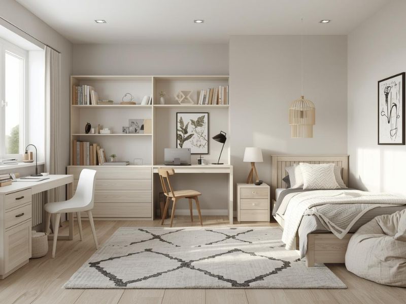 Uređenje sobe sa jasno podeljenim zonama za učenje, spavanje i odmor, bez fizičkih pregrada, u neutralnim tonovima.