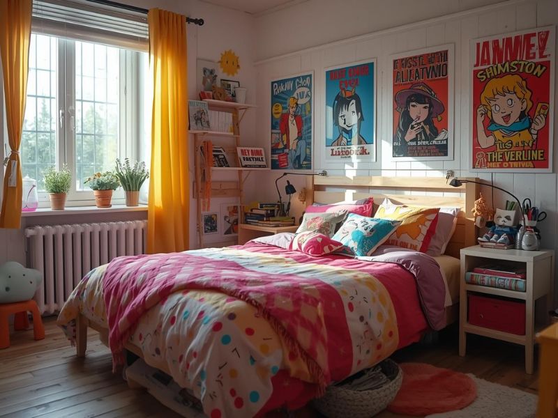 Uređenje sobe za tinejdžere sa jasno definisanom zonom za spavanje, toplim bojama, posterima na zidu i prirodnim dnevnim svetlom.