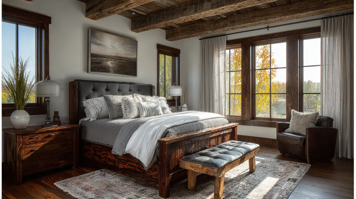 Spavaća soba sa masivnim drvenim krevetom i velikim prozorima