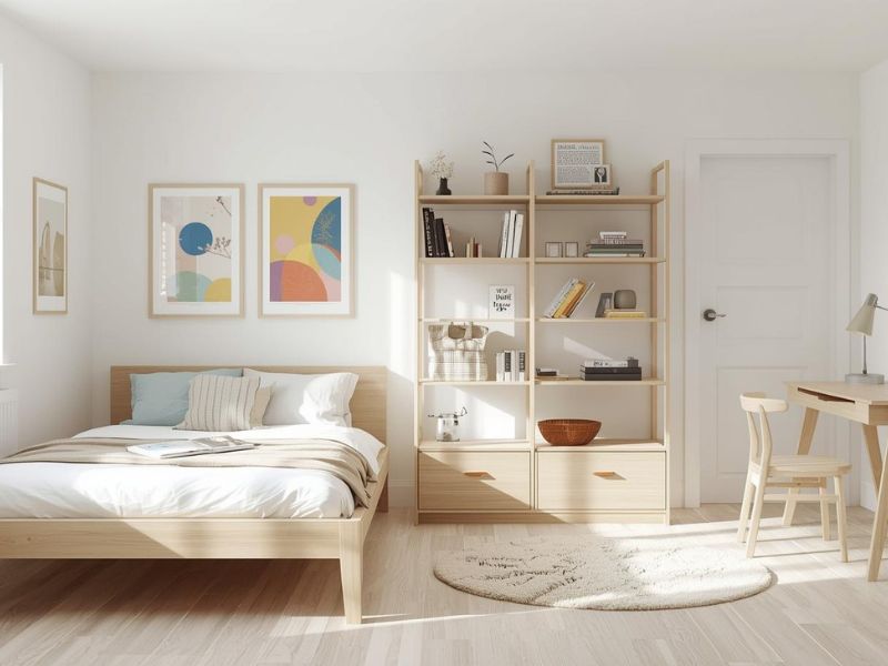 Uređenje sobe za tinejdžere sa neutralnom osnovom, svetlim zidovima, nameštajem od prirodnog drveta i lako promenljivim dekorativnim detaljima.