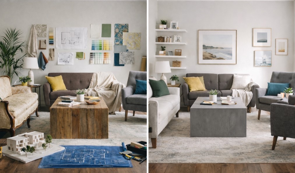 Dnevna soba pre i posle preuređenja