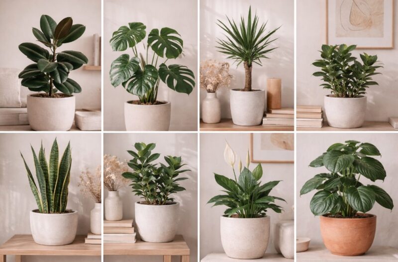 Osam različitih sobnih biljaka raspoređenih u manjim poljima, podeljenih na vrste za svetliji i tamniji prostor