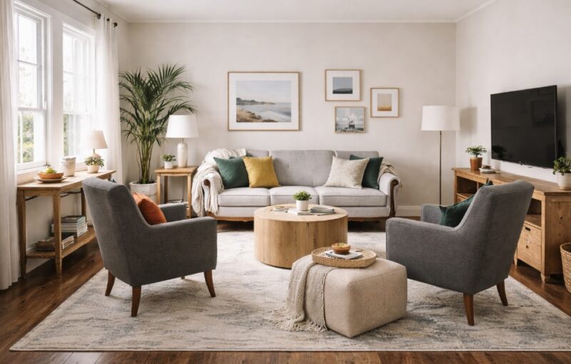 Svetla dnevna soba sa kaučem pomerenim od zida, dve fotelje grupisane oko niskog stočića, jasno definisanom zonom za sedenje