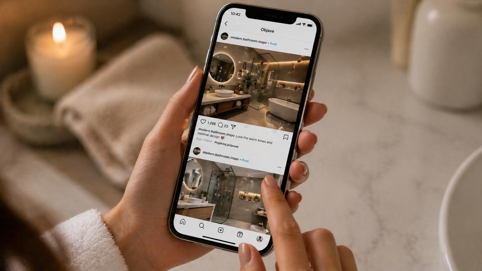 Zena koja skroluje postove o modernim kupatilima na mobilnom uredjaju