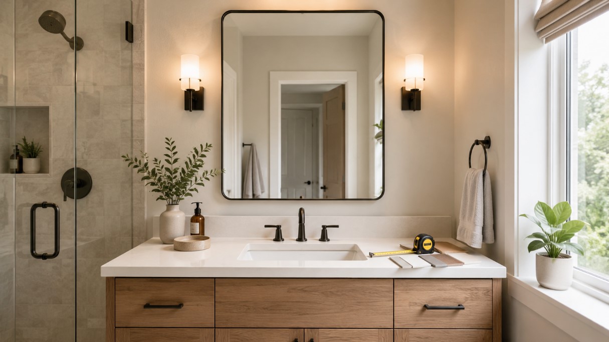 Moderno kupatilo sa pravilno postavljenim ogledalom iznad lavaboa, rasvetom sa obe strane i metrom za planiranje dimenzija.