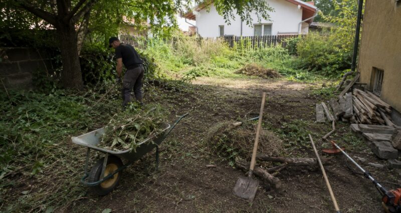 Raščišćavanje zapuštenog dvorišta sa uklanjanjem korova, granja, starog otpada i pripremom terena uz baštenski alat i kolica
