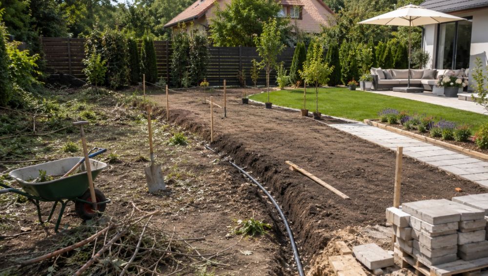 Uređenje zapuštenog placa kroz faze rada: raščišćen teren, pripremljena zemlja, iskop za instalacije, nova staza, travnjak i uređena terasa