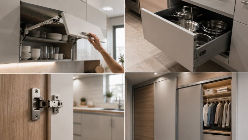 Otvorena kuhinjska fioka sa posuđem i detalj šarke na vratima kuhinjskog elementa