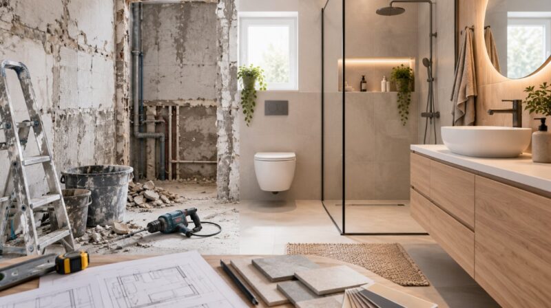 Kupatilo tokom kompletne adaptacije sa vidljivim instalacijama, alatom i završenim modernim delom